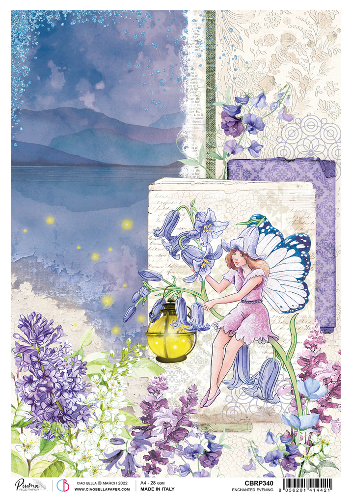 fairy at night holding a lantern with dark blue night A4 Rice Paper for Decoupage