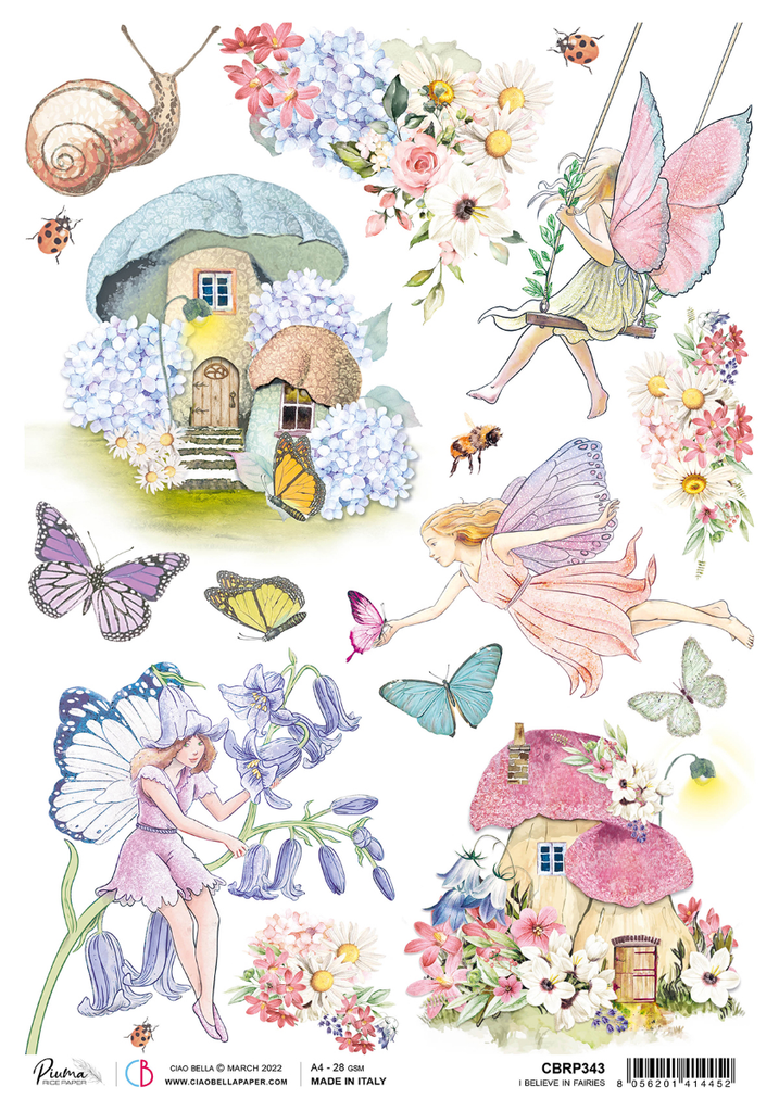 fairs and snails with mushroom houses with pink roofs A4 Rice Paper for Decoupage
