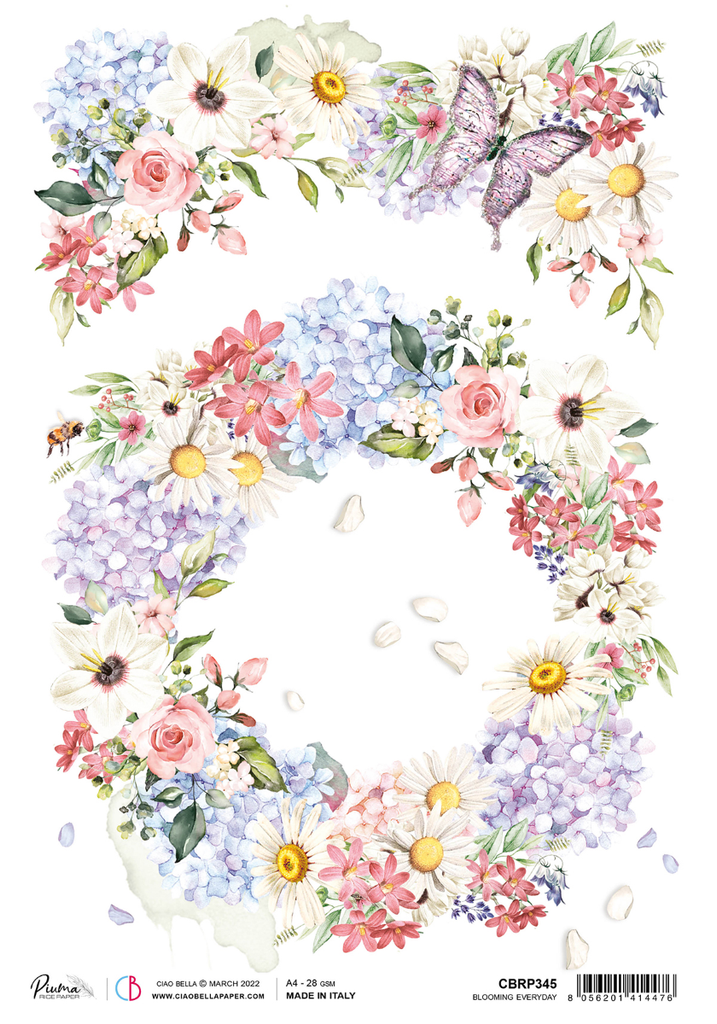 flower wreath with butterflies and pink blue and yellow flowers A4 Rice Paper for Decoupage