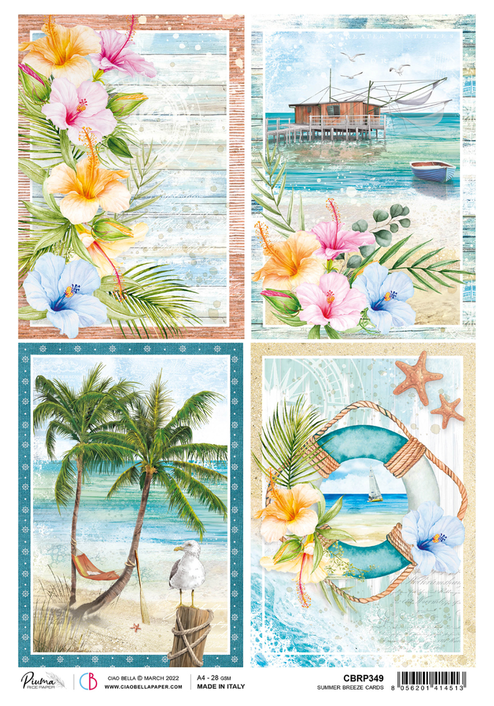 nautical themed images with palm trees tropical flowers and pier A4 Rice Paper for Decoupage