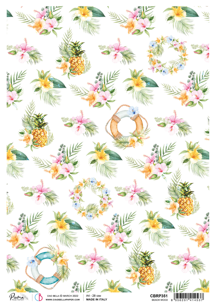 images of pineapples and yellow flowers A4 Rice Paper for Decoupage