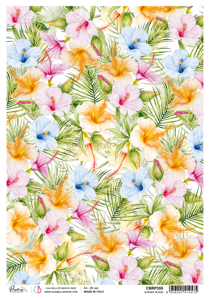 pink and blue flowers with green pine needles A4 Rice Paper for Decoupage