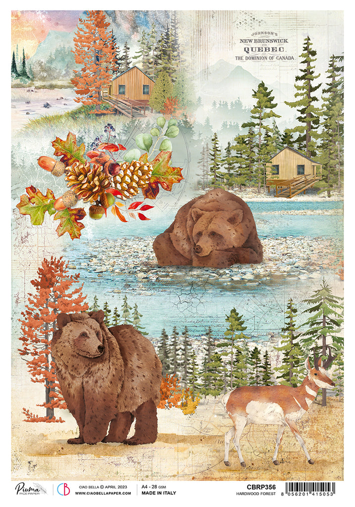 Bears, cabin, and fall foliage on vintage map; Decoupage Paper from Ciao Bella.