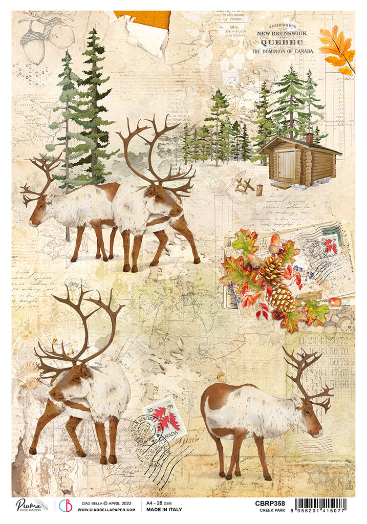 Reindeer, pine trees, and vintage Canadian motifs; Decoupage Paper from Ciao Bella.