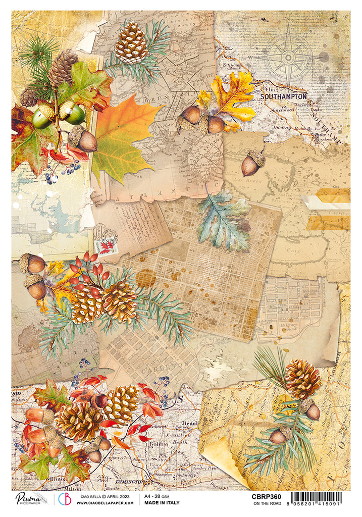 Autumn elements on vintage maps and scripts; Decoupage Paper from Ciao Bella.