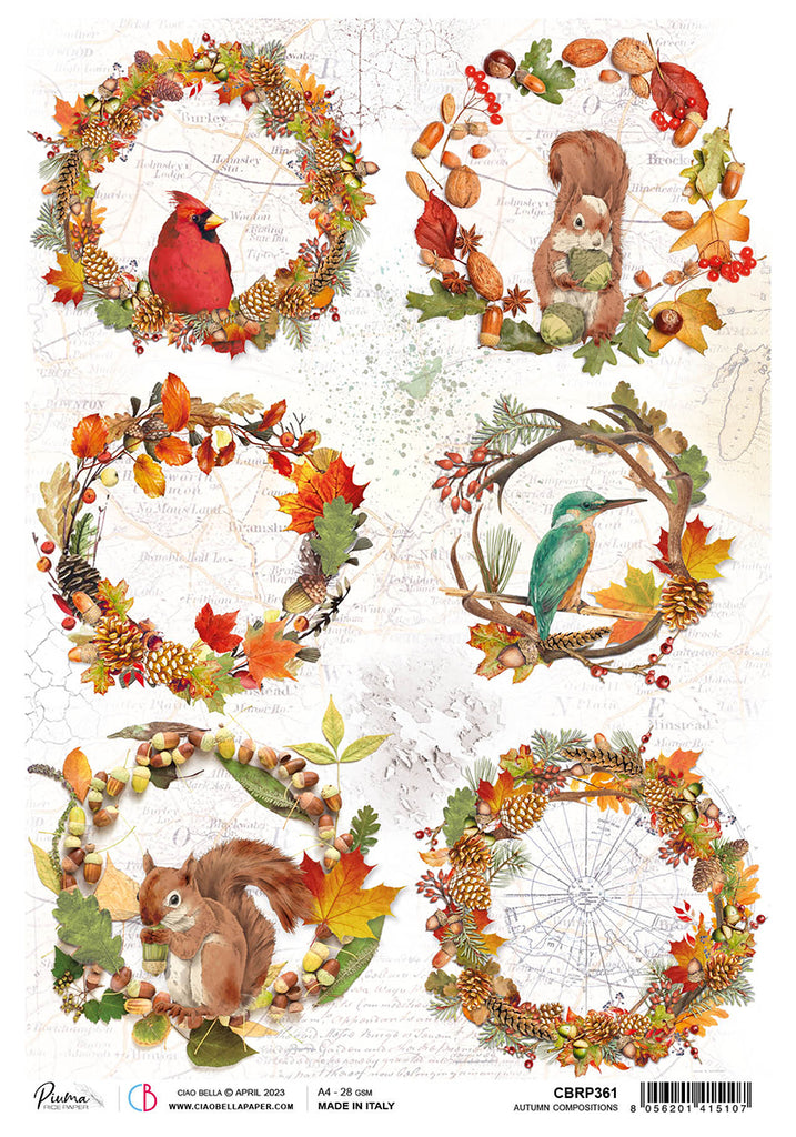  Autumn wildlife and vibrant wreaths; Decoupage Paper from Ciao Bella.