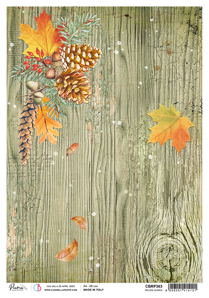 Autumn leaves and pinecones on weathered wood; Decoupage Paper from Ciao Bella.