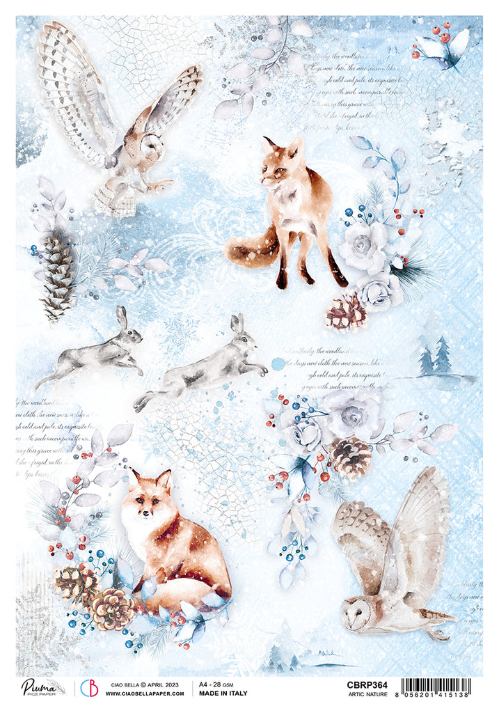 Winter wildlife with fox, owl, and hares; Decoupage Paper from Ciao Bella