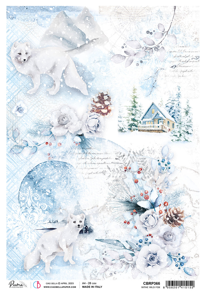 White fox amidst snowy flora with cabin backdrop; Decoupage Paper from Ciao Bella.