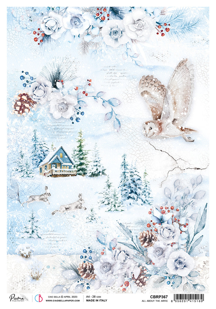 Snowy owl and cabin amidst icy florals and leaping hares; Decoupage Paper from Ciao Bella.