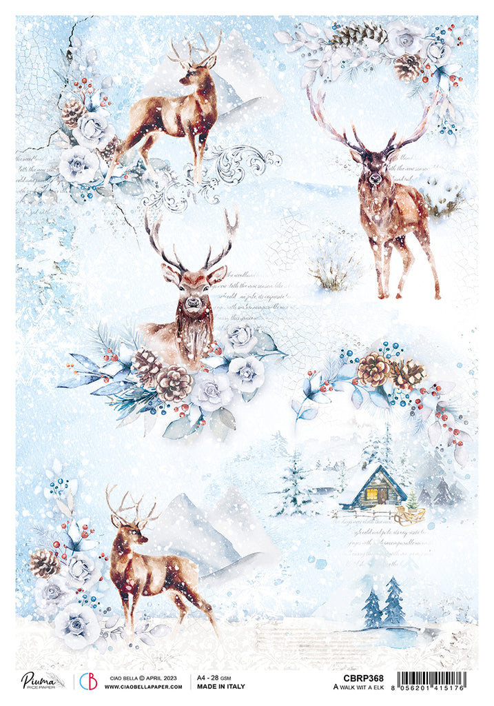 Majestic deer with frosty florals and winter cabin; Decoupage Paper from Ciao Bella.