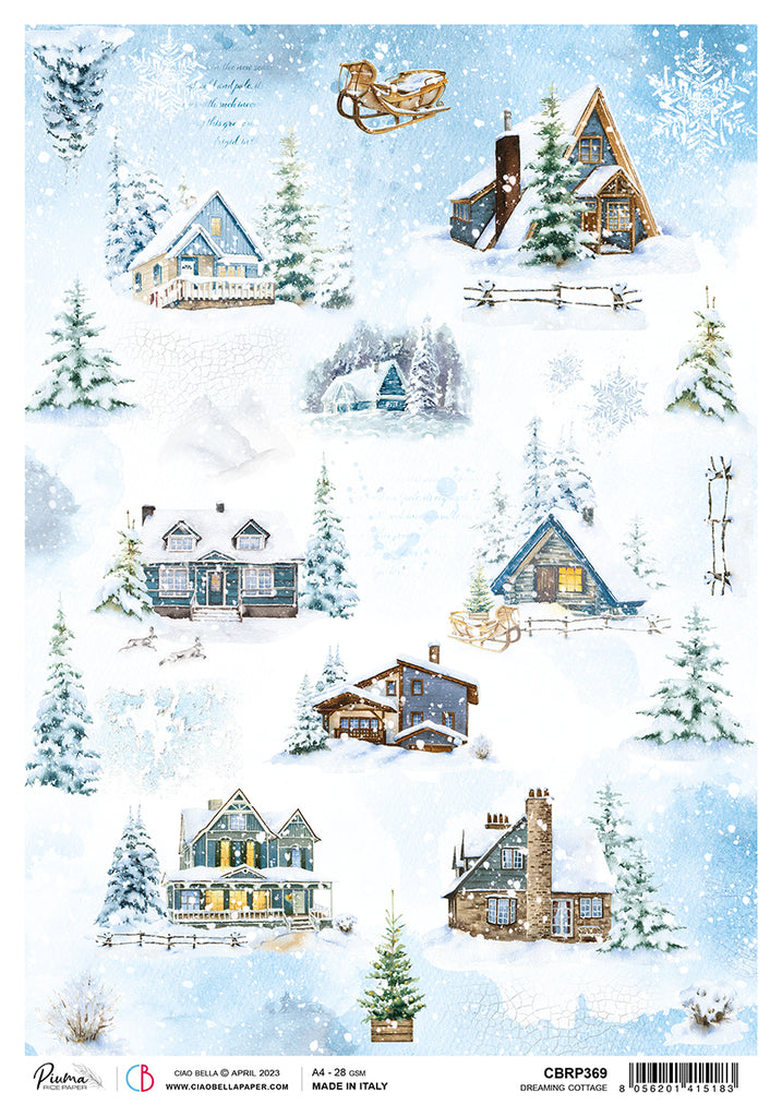 Snowy winter scenes with cozy cottages and sled; Decoupage Paper from Ciao Bella.