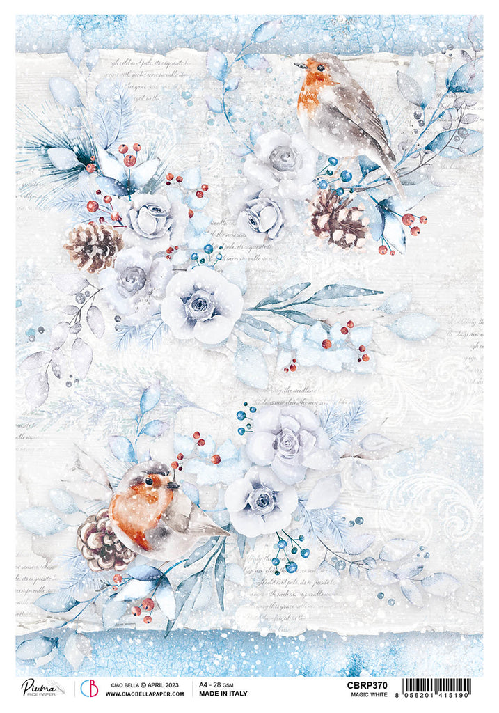 Birds, blue foliage, and white roses on snowy backdrop; Decoupage Paper from Ciao Bella.