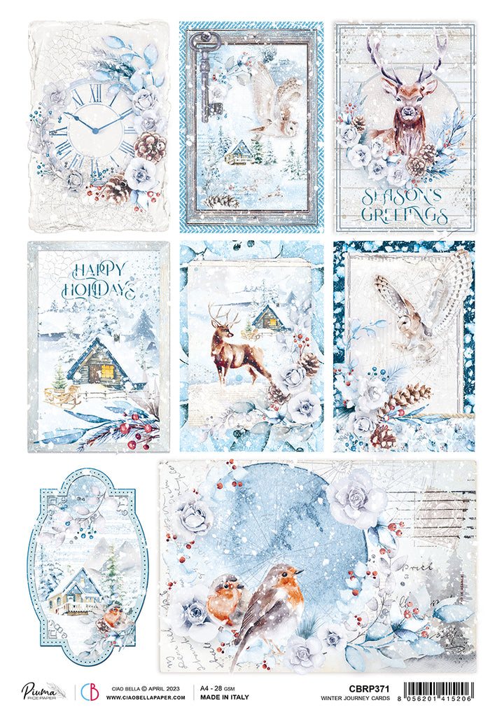 Winter-themed cards with deer, birds, and snowy scenes; Decoupage Paper from Ciao Bella.