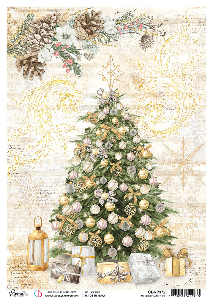 Decorated Christmas tree, golden ornaments, gifts, and vintage swirls; Decoupage Paper from Ciao Bella.