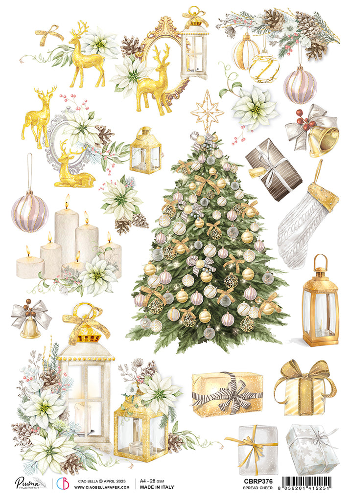 Golden reindeer, festive lanterns, and adorned Christmas tree with gifts; Decoupage Paper from Ciao Bella