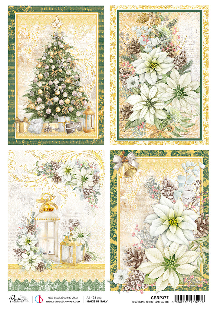 Decorated Christmas tree, white poinsettias, and golden lanterns on textured backdrop. Decoupage Paper from Ciao Bella
