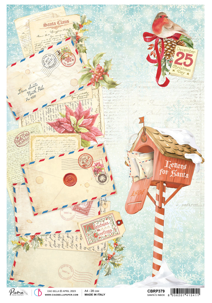 Vintage letters to Santa, festive mailbox, red bird, and Christmas tag. From Ciao Bella