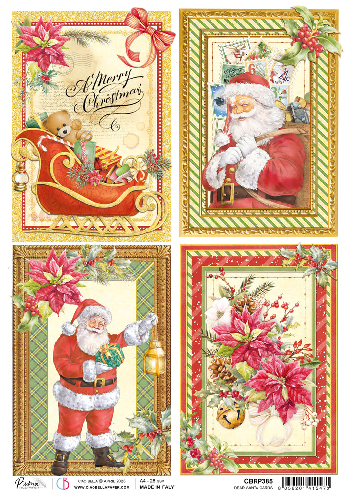 Four Card Christmas Decoupage paper with Sled, toys, santa and poinsettia from Ciao Bella
