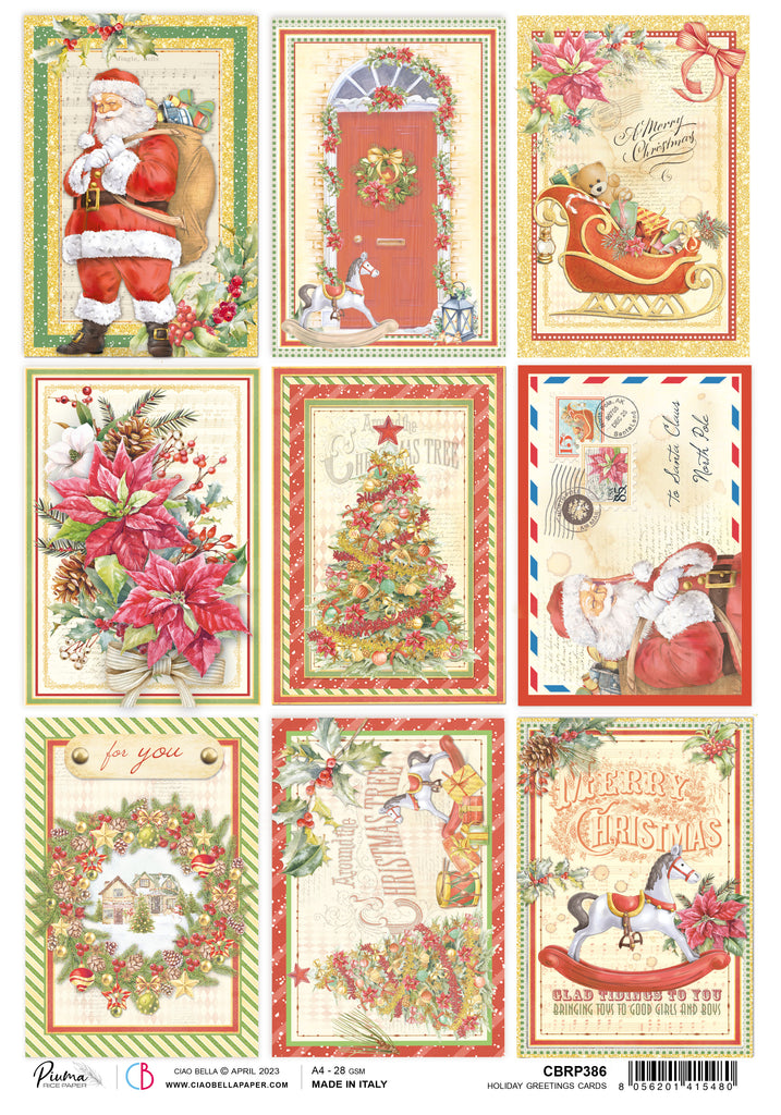Christmas Card Decoupage Paper with santa, doors, sleds poinsettias and trees from Ciao Bella