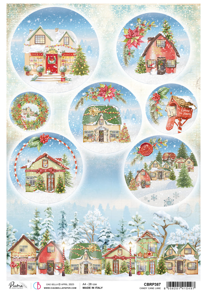 Christmas Decoupage paper in blue, white , green and red wiht houses and snow from Ciao Bella