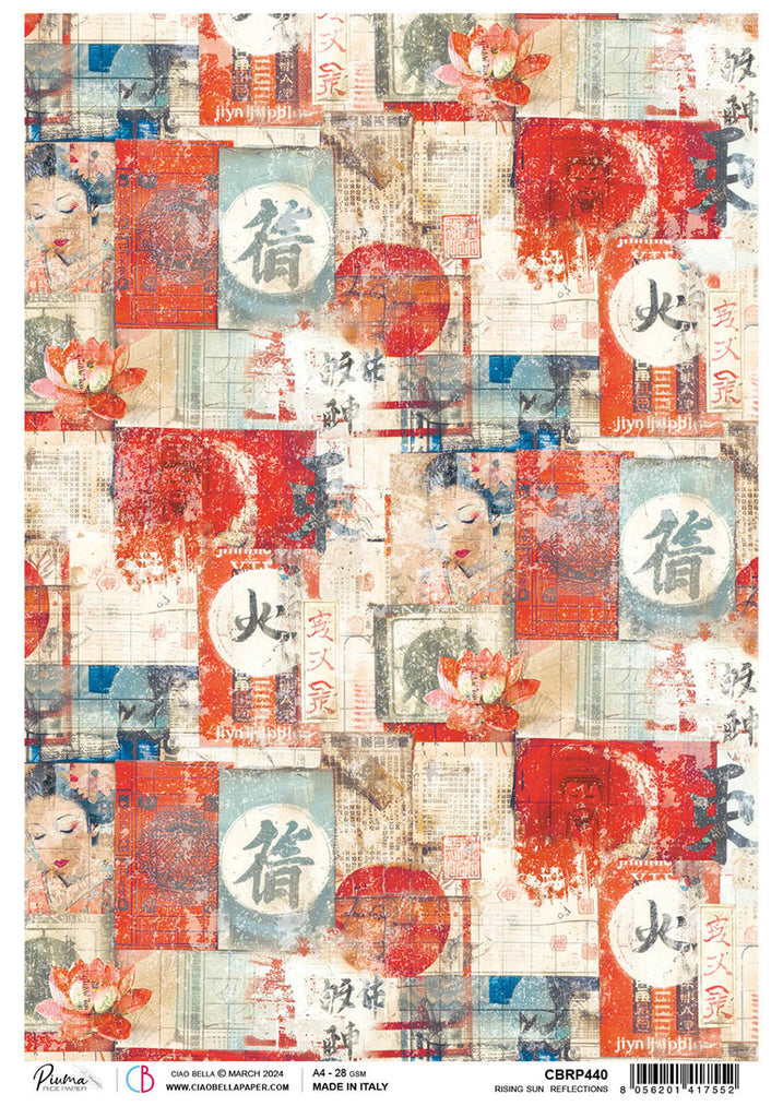 red and blue repeating geisha lotus and Japanese character patter rice paper from Ciao Bella