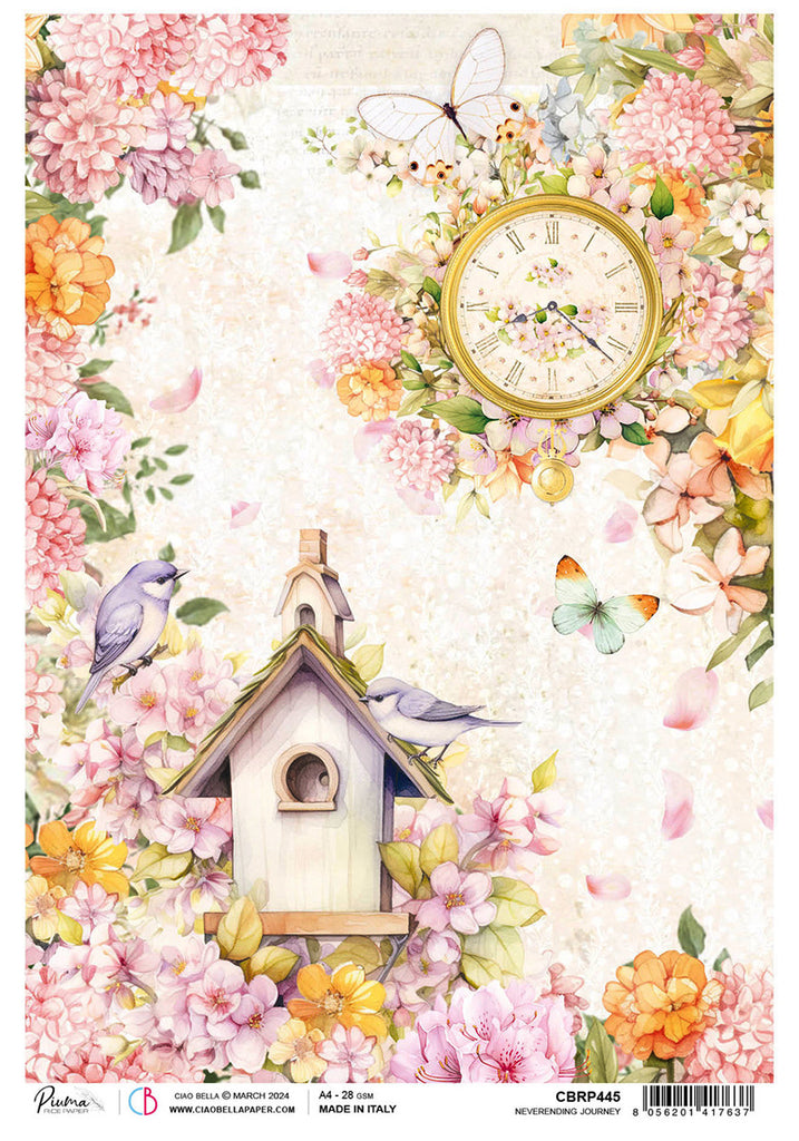 pink and orange flowers with clock birdhouse birds and butterflies rice paper from Ciao Bella