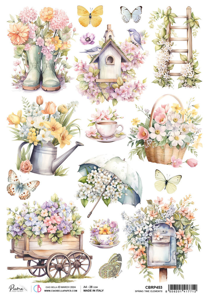 pink red orange and purple flowers in boots basket watering can mail box and wagon rice paper from Ciao Bella