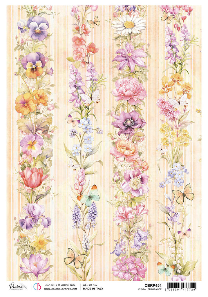 pink red orange and purple flowers on orange striped background rice paper from Ciao Bella