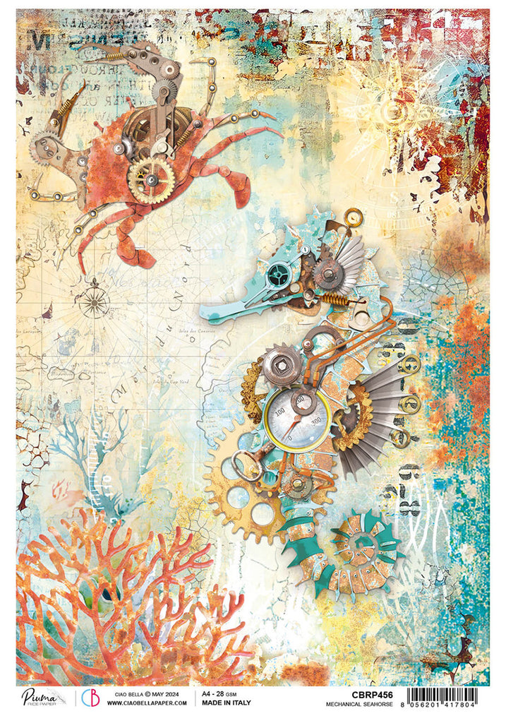 mechanical crab and seahorse with coral on map background rice paper from Ciao Bella