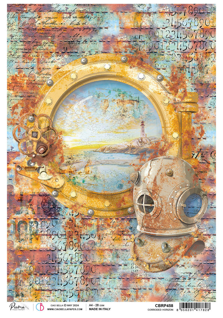 rust and blue porthole and diving helmet with script background rice paper from Ciao Bella