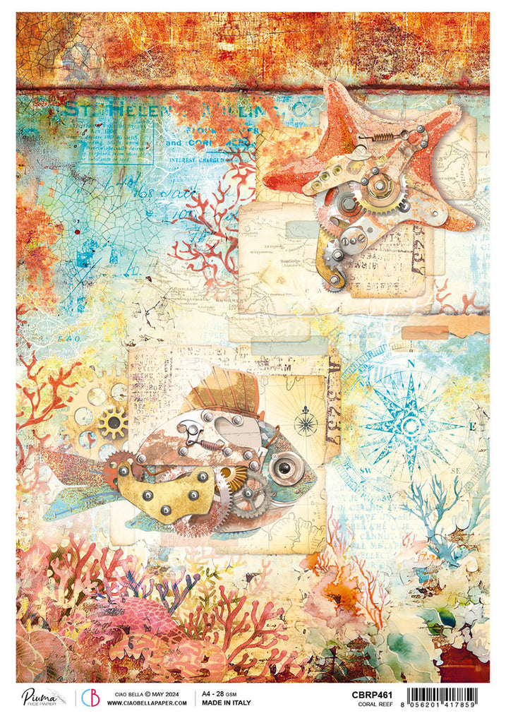 rust and blue mechanical starfish and fish with coral rice paper from Ciao Bella