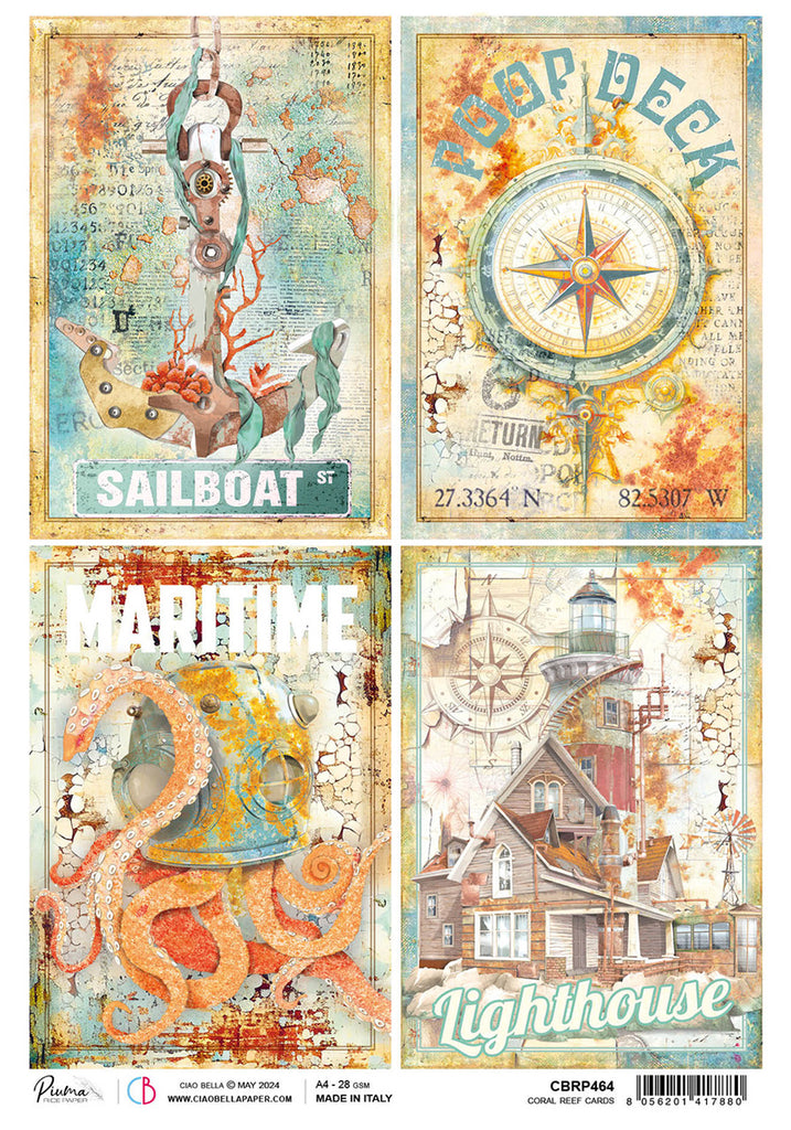 4 images rust and blue anchor compass diving helmet and lighthouse rice paper from Ciao Bella