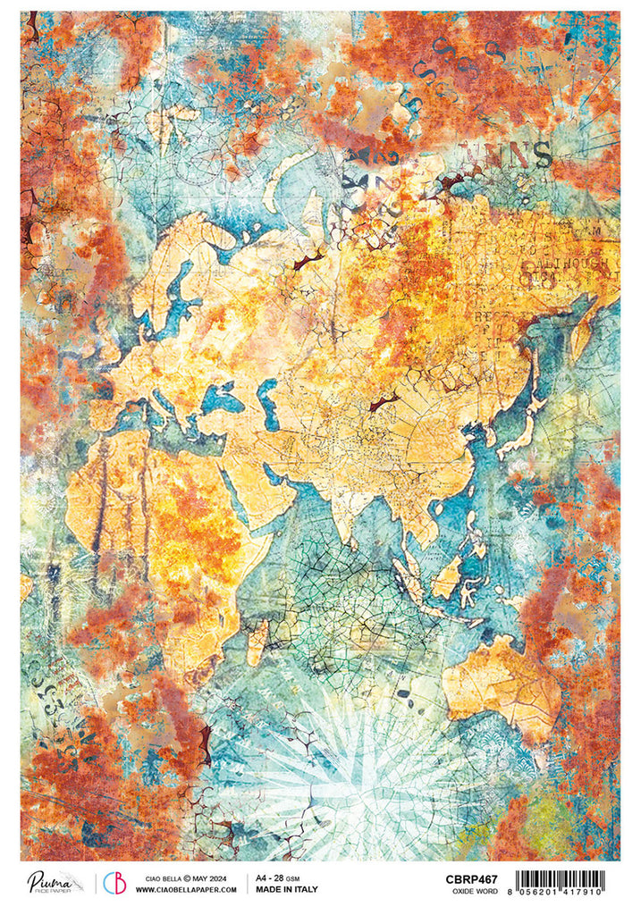 rust and blue map of the world rice paper from Ciao Bella