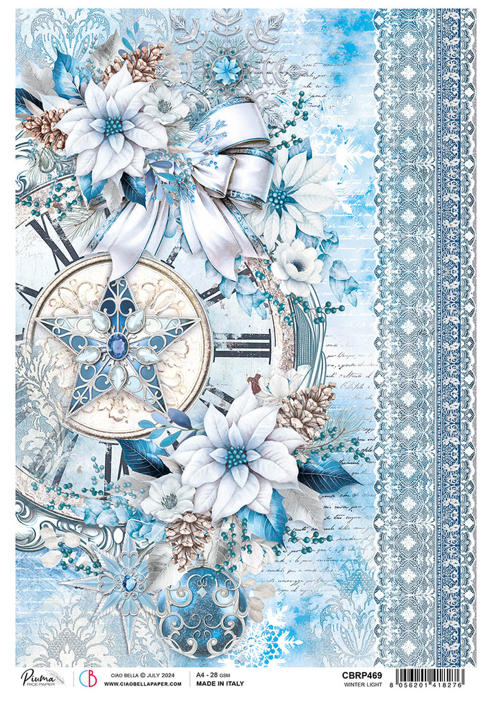 Blue and white poinsettias star and clock on lacy blue background rice paper from Ciao Bella