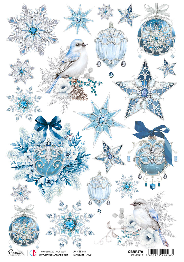 Blue and white ornaments stars snowflakes and birds rice paper from Ciao Bella