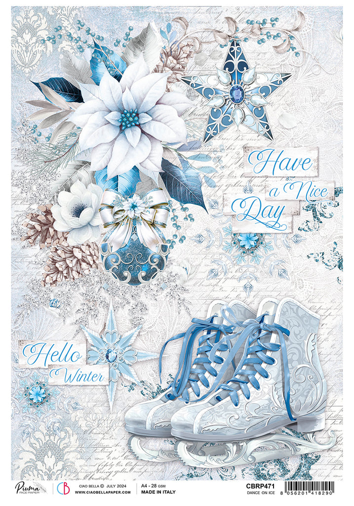 Blue and white poinsettia ornament star and ice skates on script background rice paper from Ciao Bella