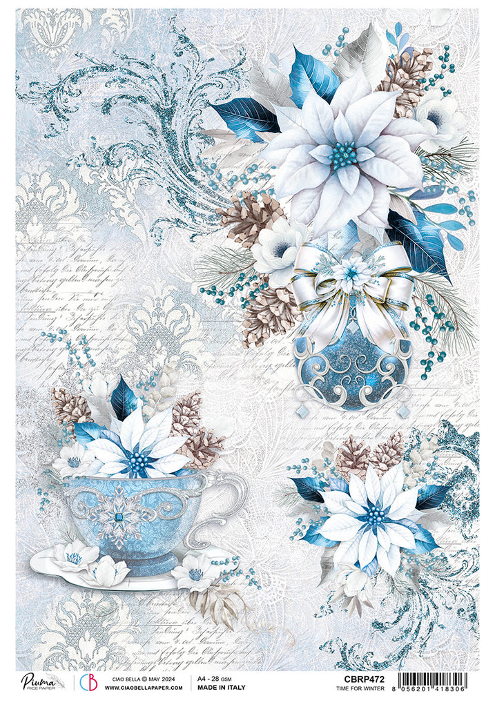 Blue and white poinsettias ornament and teacup on script background rice paper from Ciao Bella