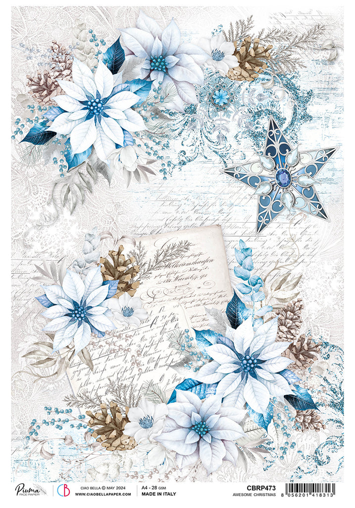 Blue and white poinsettias pinecones and star on script background rice paper from Ciao Bella