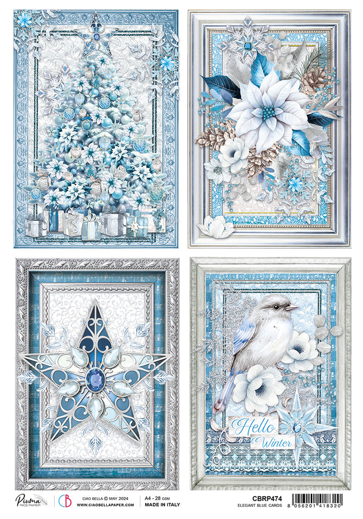 4 images blue and white christmas tree with presents star poinsettia and bird rice paper from Ciao Bella