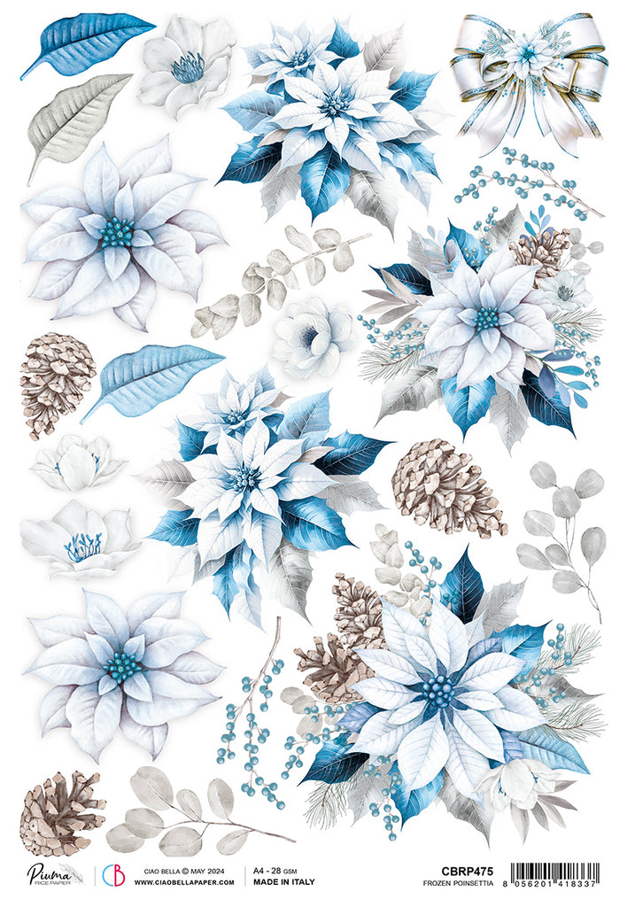 Blue and white poinsettias with pinecones and greenery rice paper from Ciao Bella