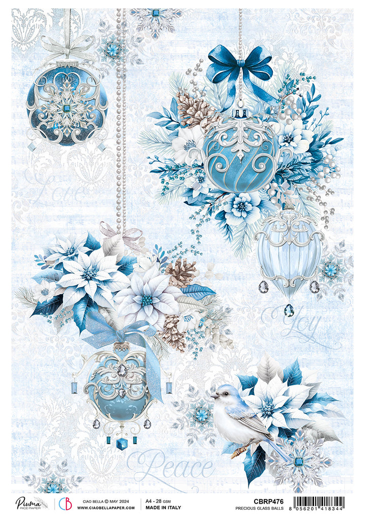 Blue and white poinsettias and ornate ornaments rice paper from Ciao Bella