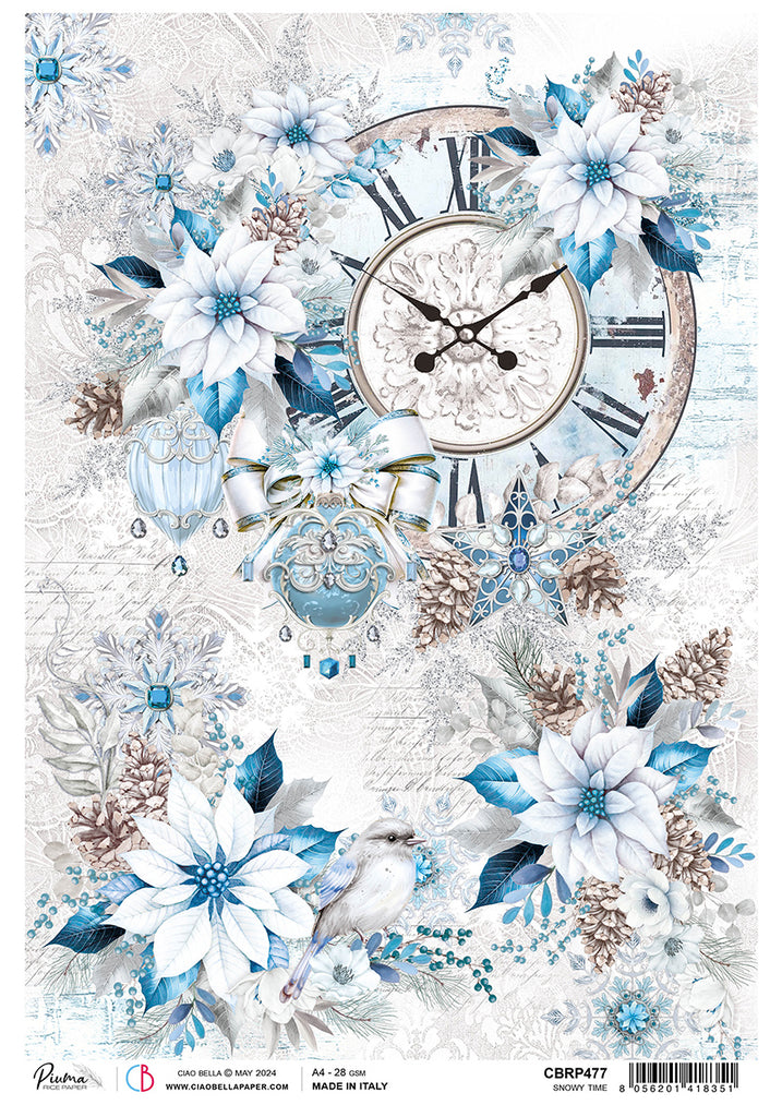 Blue and white poinsettias and clock with pinecones and ornaments rice paper from Ciao Bella