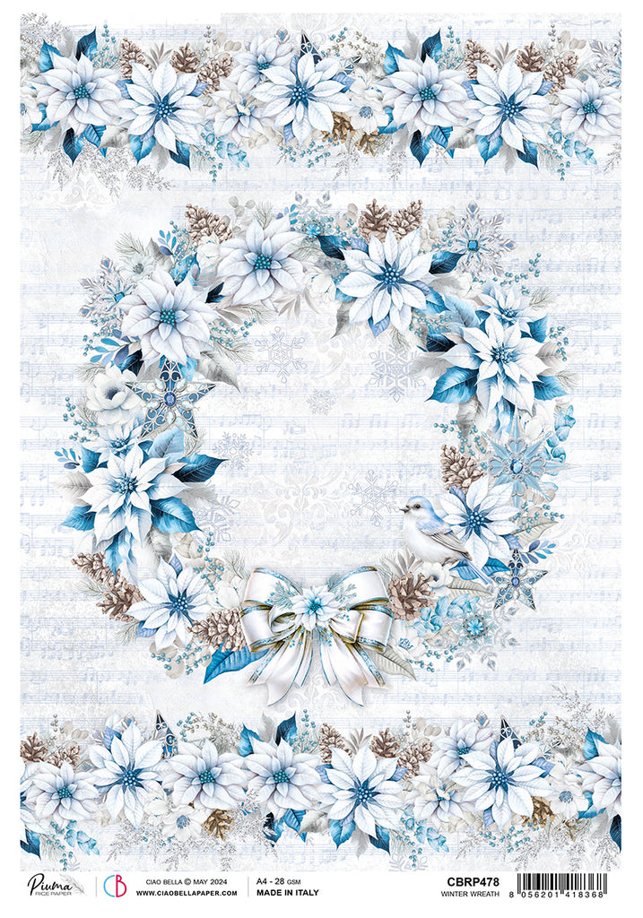 Blue and white poinsettias and winter wreath on sheet music background rice paper from Ciao Bella