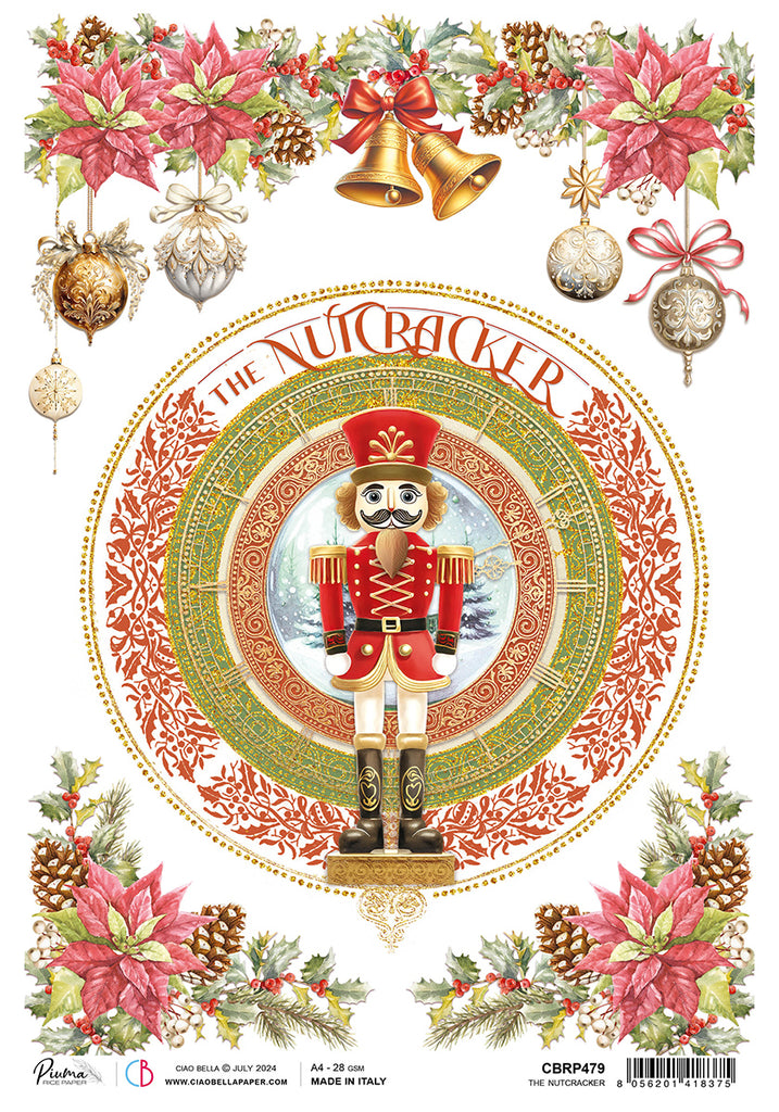 Nutcracker surrounded by red and green poinsettias and embellishments rice paper from Ciao Bella