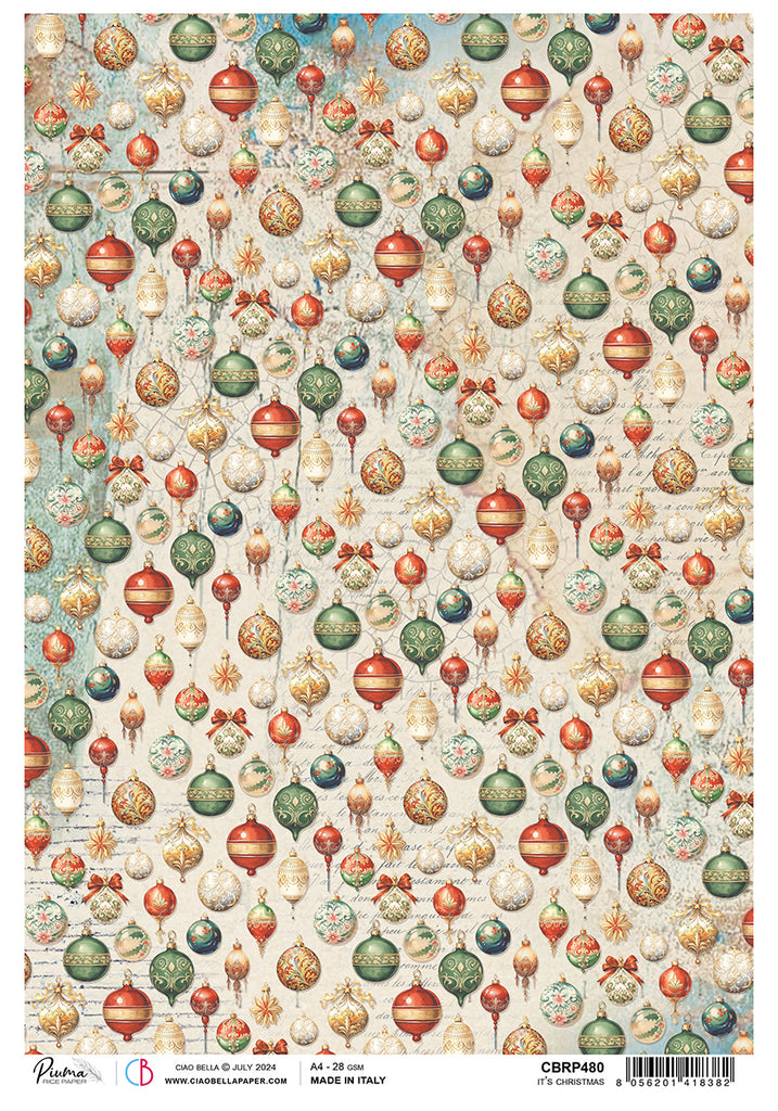 repeating red green gold and white ornament pattern rice paper from Ciao Bella