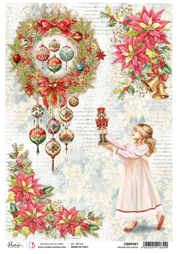 young girl with nutcracker red and green poinsettias green wreath with red and green ornaments rice paper from Ciao Bella