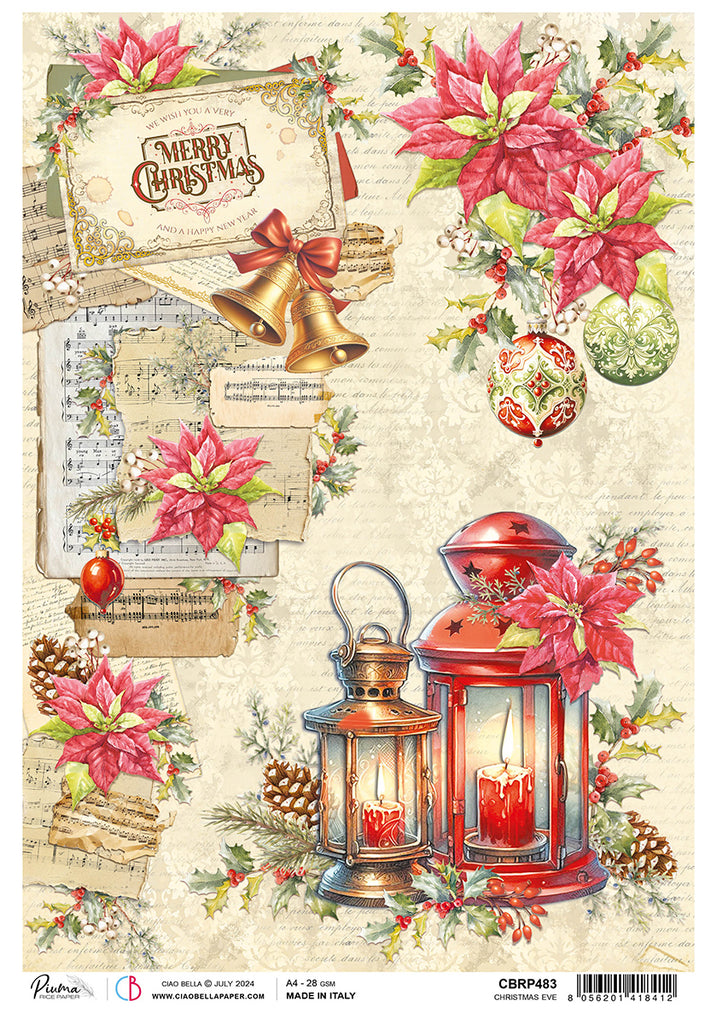 red and green poinsettia lamps and ornaments on script background rice paper from Ciao Bella