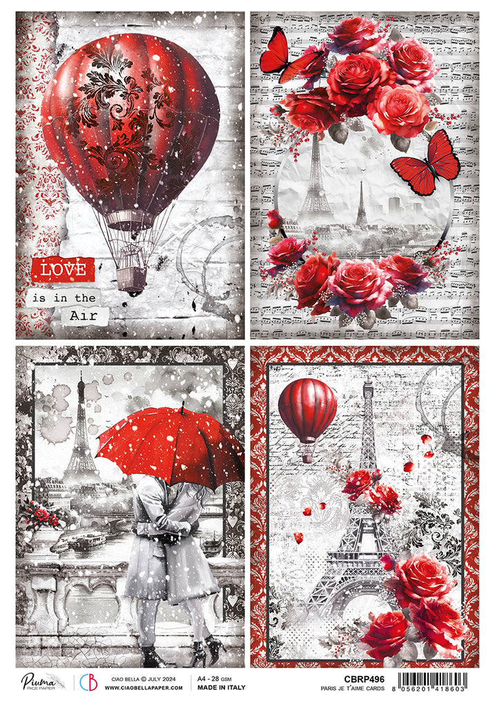 4 images red black and white rose wreath hot air balloon and Eiffel Tower design rice paper from Ciao Bella