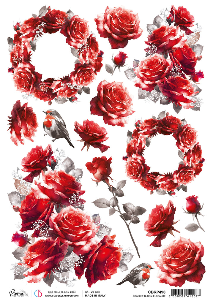 Red rose bunches and wreath design rice paper from Ciao Bella